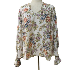 Antik Batik Blouse Paisley Women’s Keyhole Neck Smocked Long Sleeve Large/42‎